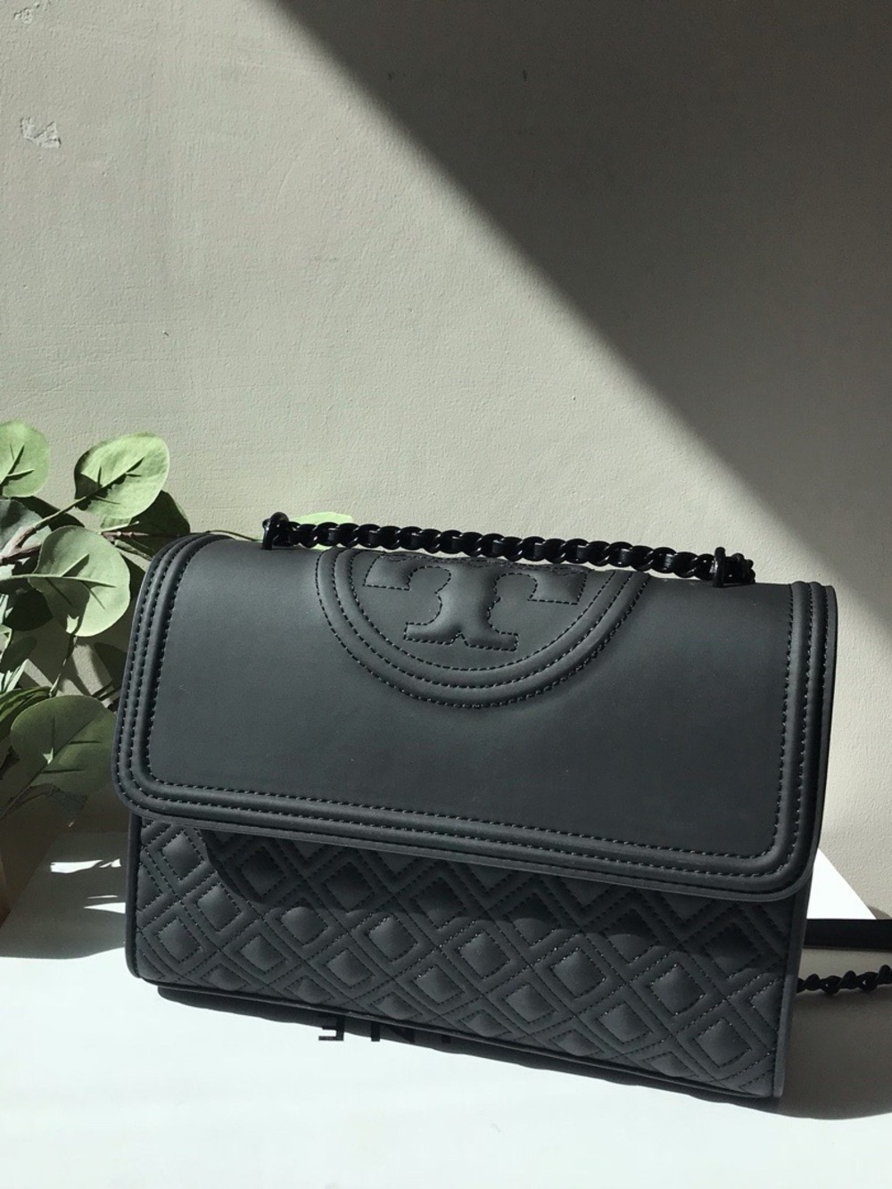 Tory Burch Matte Black Rubber Medium Fleming Shoulder Bag